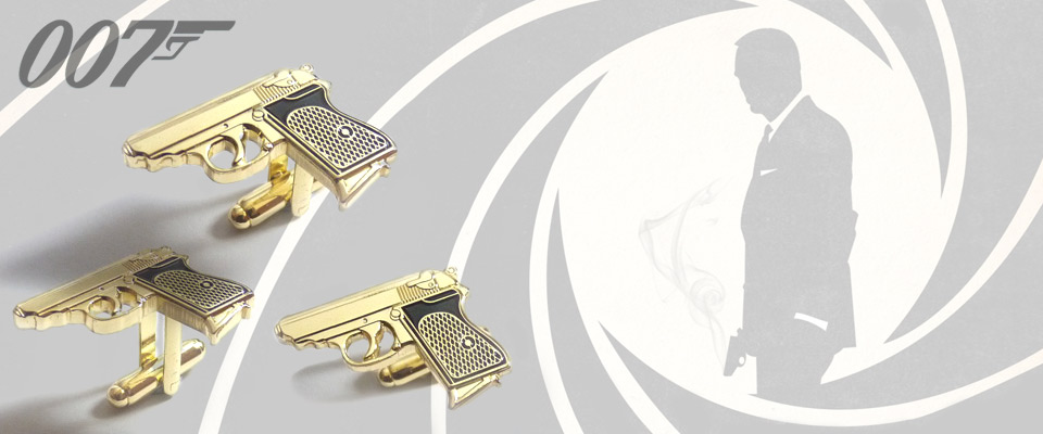 James Bond merchandise, gun shaped cufflinks with soft enamel handle.