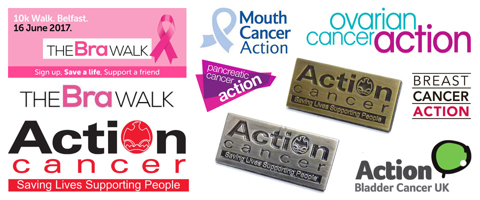 Antique plated Action Cancer pin badges