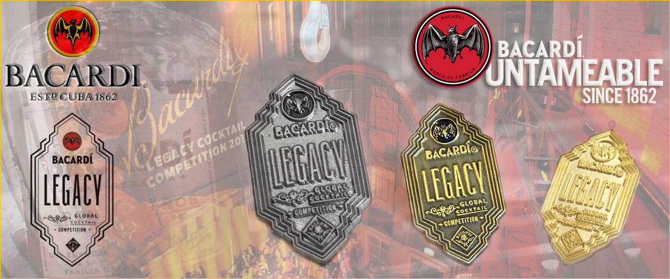 Premium personalised metal badges custom made for the 2017 Bacardi Legacy cocktail event